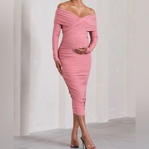 Maternity Blush Pink Ruched Twist Bardot Long Sleeve Dresss